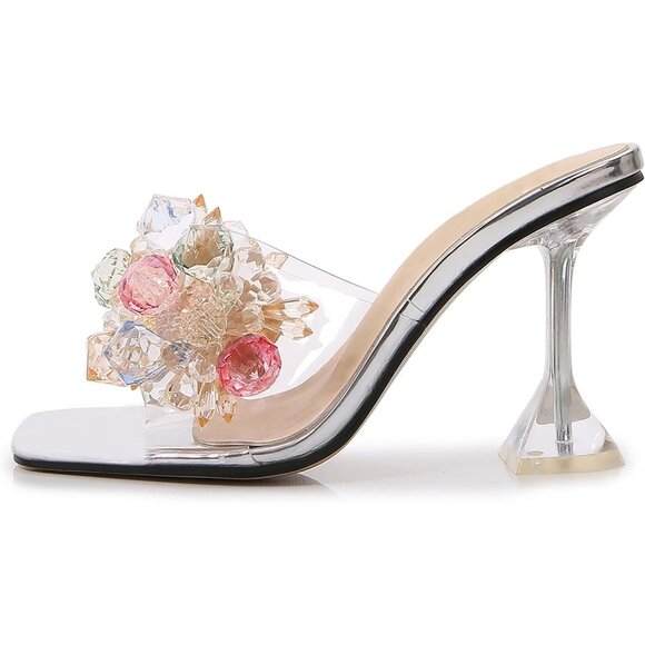 Elegant Women Crystal Flower Silver Heels Square Toe Stiletto Mule Dress Sandals - Picture 5 of 7